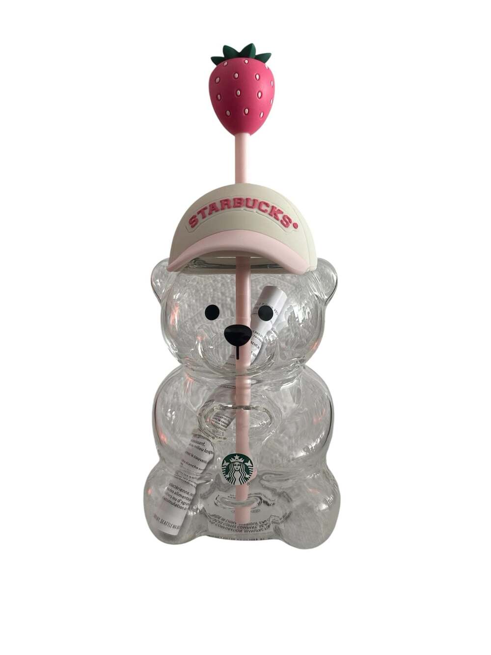 Starbucks Bearista Glass Bear Cup with Strawberry Straw Topper and Baseball Cap